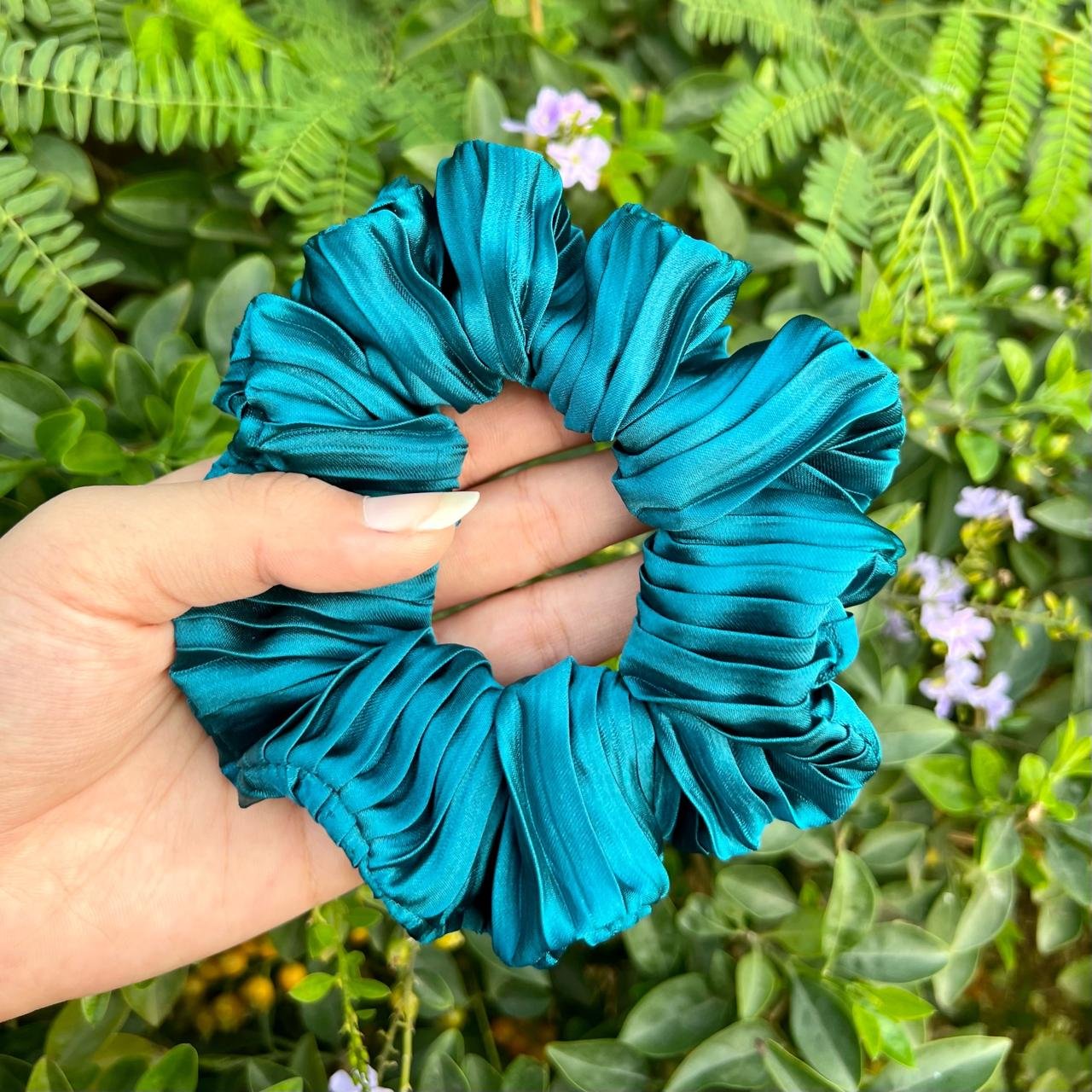 Teal Blue Pleated Scrunchie