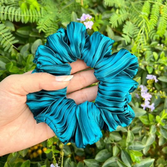 Teal Blue Pleated Scrunchie